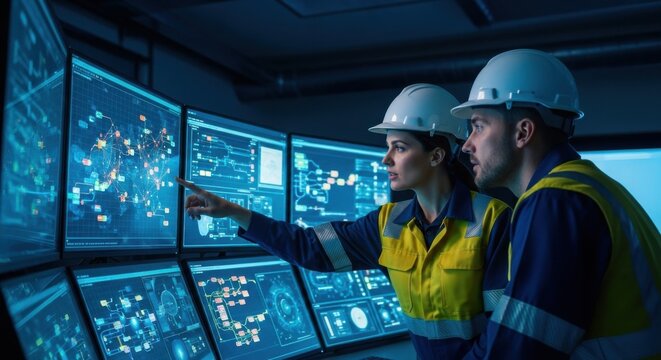 Engineers analyze data on futuristic control room screens