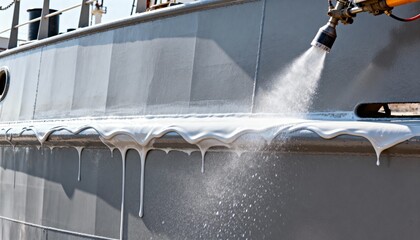 Medium shot showing the application of urethane corrosionresistant paint on metal surfaces of a ship emphasizing flexibility and weather resistance.