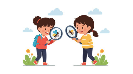 Two kids examine bugs with magnifying glasses
