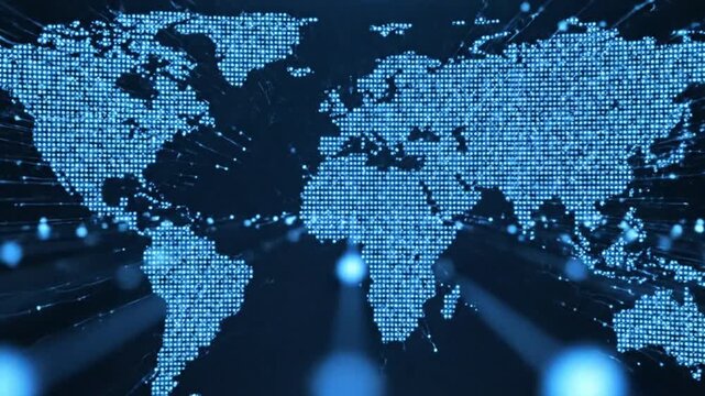 Dynamic digital world map animation with glowing lights for global business or technology presentations, modern and futuristic feel, perfect for backgrounds