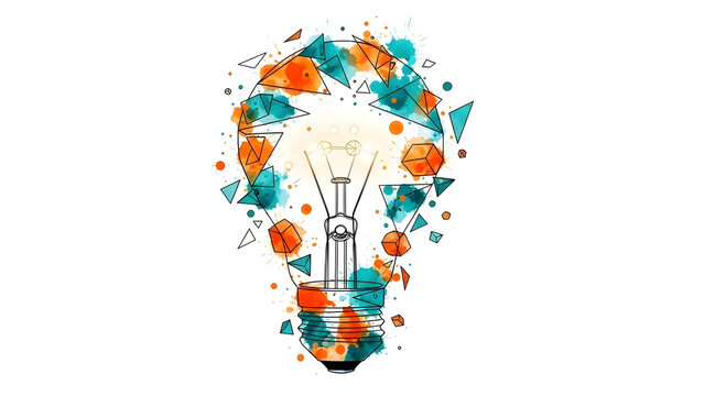 再構築されるアイデアと分析的な思考 幾何学模様と水彩で構成された浮遊する抽象的な電球