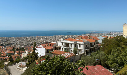 buildings streets sea Thermaic gulf of Thessaloniki, Greece, blue sky