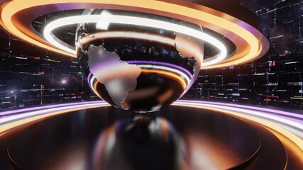 Dynamic futuristic news studio set with world globe and shimmering lights creating a high tech broadcast environment for global announcements