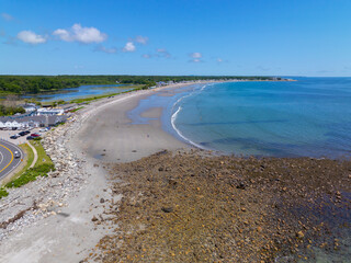 Sawyers Beach and The Beach Club house aerial view in summer with Ocean Boulevard in town of Rye, New Hampshire NH, USA. 