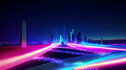 Futuristic cityscape neon lights digital art, glowing city skyline, urban landscape, modern city art