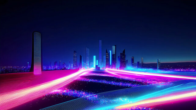 Futuristic cityscape neon lights digital art, glowing city skyline, urban landscape, modern city art - Powered by Adobe