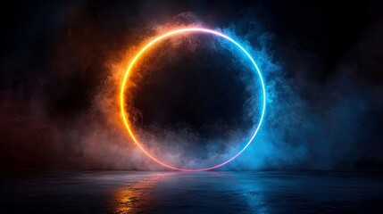 A glowing neon circle surrounded by smoke against a dark background, creating a futuristic and abstract atmosphere.