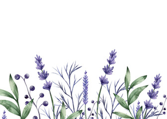 Naklejka premium Watercolor lavender border with purple flowers and greenery, elegant botanical background with space for text. Natural floral design for wedding cards, banners, invitations, or rustic branding.