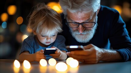 A senior man and a young child are engrossed in using smartphones indoors at night, illuminated by soft lighting.