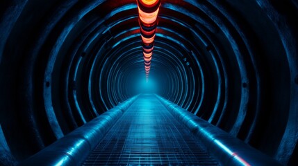 A futuristic tunnel illuminated with vivid neon lights. This sci-fi style image captures depth and perspective. Ideal for technology themes or digital art. AI
