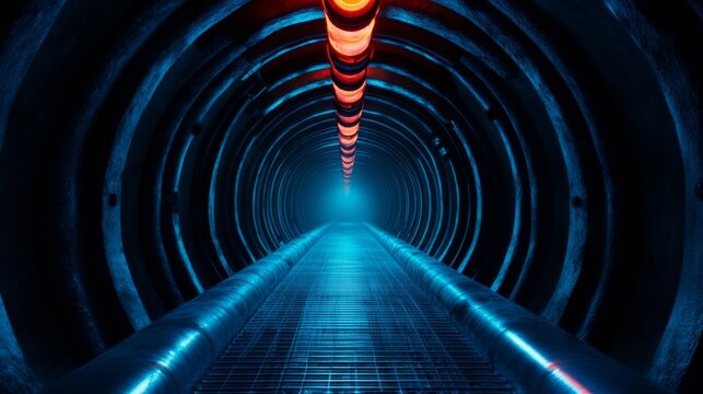 A futuristic tunnel illuminated with vivid neon lights. This sci-fi style image captures depth and perspective. Ideal for technology themes or digital art. AI