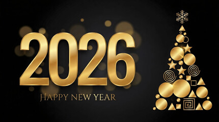 Happy new year 2026 golden christmas tree black background holiday celebration festive greeting card design