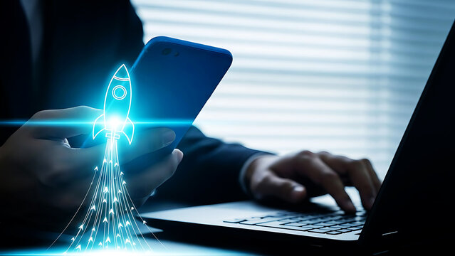 Digital rocket launching from smartphone, symbolizing startup success, business growth, innovation, and technological advancement - Powered by Adobe