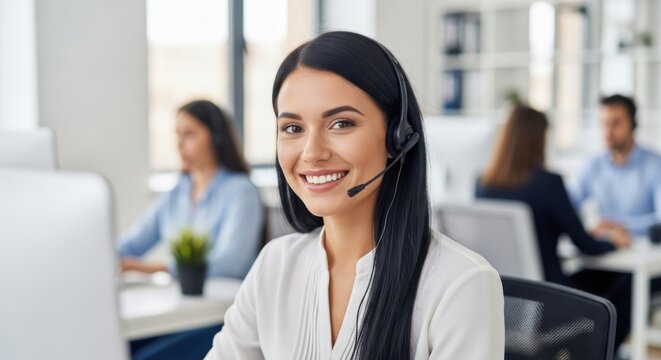 Smiling customer service operator with headset in office