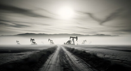 Black and White Oil Field Serenity A Hauntingly Beautiful Depiction of Resource Extraction Amidst a Misty Landscape Representing Industry and the Environment Concerns