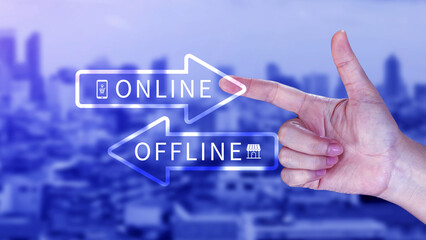 Online vs offline business sales or marketing strategy concept, Transition from offline to online in commerce business.