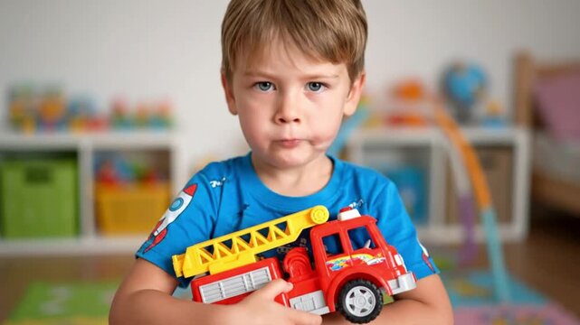 Upset toddler boy holding toy fire truck, serious pouting expression