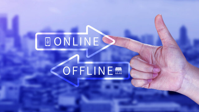 Online vs offline business sales or marketing strategy concept, Transition from offline to online in commerce business.