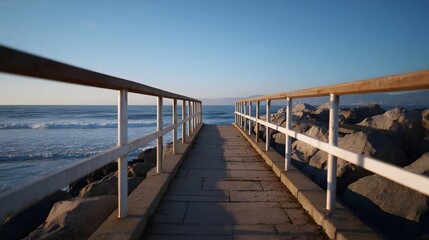 Obraz premium A tranquil paved walkway with railings leads to the ocean horizon under a clear blue sky at dawn