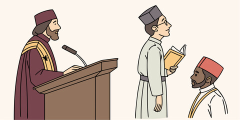 Religion speaker delivering religious speech with people listening attentively, celebrating their  achievements in a formal ceremony