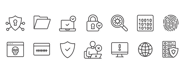 Cybersecurity icons portraying digital protection for networks, data, and personal information, ensuring online safety in the digital age with shield and lock symbols