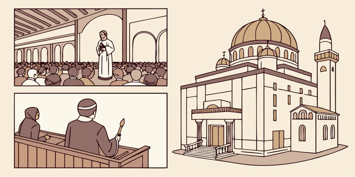 Engaging cartoon artwork showcasing a church, priest, and congregation, ideal for religious education materials or faith-based publications