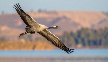 Bird soaring against lake and hills, wings spread, catching the light of a serene sunset