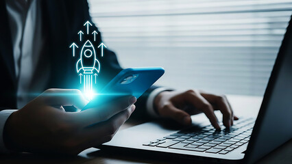 Digital entrepreneur launching business idea from smartphone, symbolizing startup growth, innovation, and technological advancement in progress.