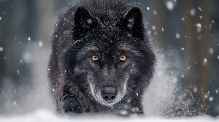 Majestic black wolf with piercing amber eyes prowling through a snowy forest landscape under falling snowflakes in winter wilderness environment