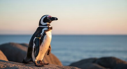 Dapper penguin with bowtie on rocky coast at sunset