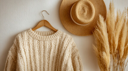 Cozy sweater hanging on wooden hanger beside a straw hat and dried pampas grass against a neutral wall for autumn decor ideas