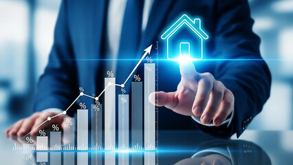 Digital real estate growth strategy with a businessman interacting with a glowing house icon and an upward financial chart.