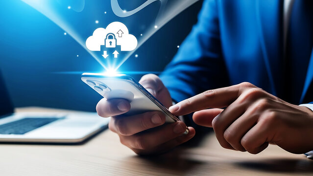 Hand interacting with smartphone, displaying secure cloud computing and data privacy icon, symbolizing digital transformation and modern technology. - Powered by Adobe