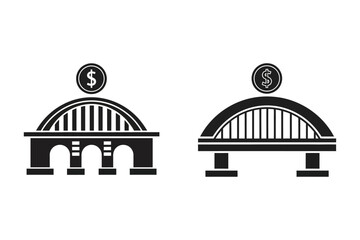 Two black silhouette icons of arched bridges with dollar signs on top isolated on white background