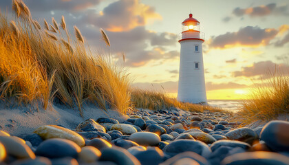 Serene coastal scene with a lighthouse at sunset and pebbled shoreline