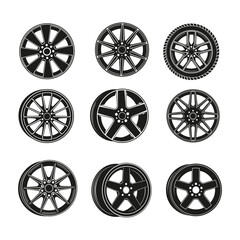 car wheel and tire rim silhouette vector designs isolated on white background