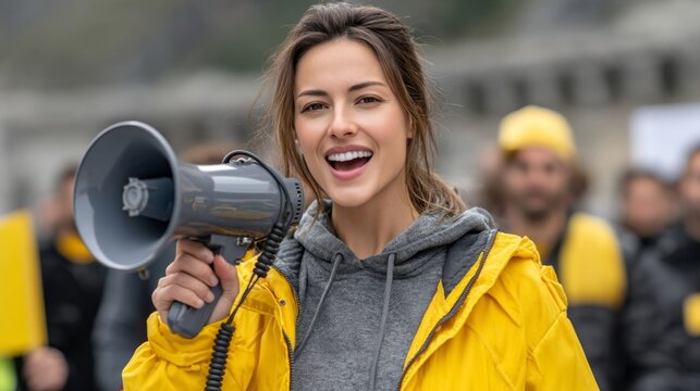 A lively protest scene with a young woman holding a megaphone. She is passionate and inspiring, wearing a bright yellow jacket. This image captures activism and energy. AI