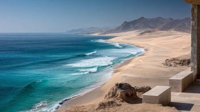 Expansive ocean waves rolling onto a vast sandy coastline with distant mountains under clear blue sky viewed from a stone terrace overlooking the beach - Powered by Adobe