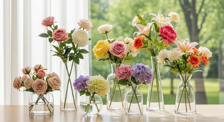 Fototapeta premium Diverse floral arrangements in clear glass vases by window