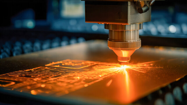 Industrial laser cutting machine engraving intricate patterns with bright sparks on a metal sheet in a high-tech precision manufacturing facility
