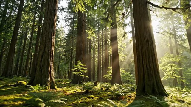 Sunlight filters through tall trees, illuminating mossy forest floor covered with ferns and small saplings