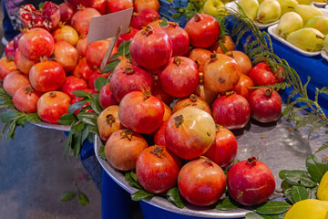 Big Bunch of Fresh Large Pomegranate Fruits at Farmers Market in Turkey