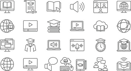 E-learning and Online Education Line Icon Set: Remote Study, Digital Knowledge, Graduation, Video Course, Global Learning, Web Conferencing, Tutorial, Academic Interface