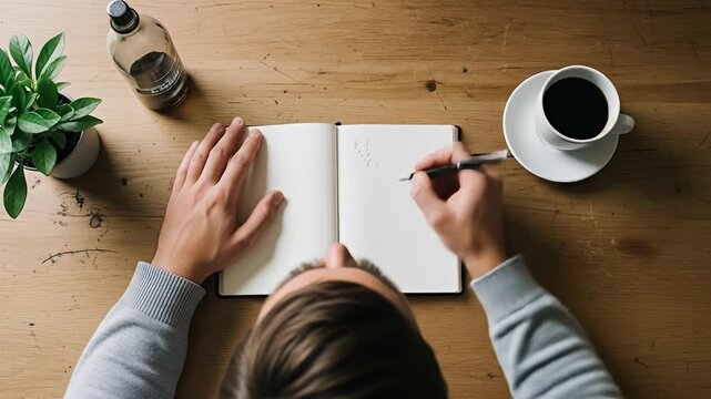 Person writing in a notebook with coffee and plant.