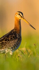 Bird stands in grass. Tall legs, long, narrow bill. Brown, black, & speckled feather pattern against an out-of-focus background