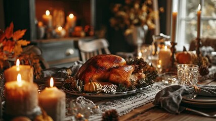 Enjoying Festive Thanksgiving Dinner with Roasted Turkey and Candlelight Setting