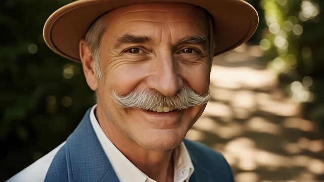 A man with a mustache and a hat smiles at the camera.