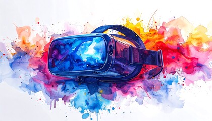 VR headset amidst watercolor splashes of vibrant blue, purple, orange and yellow hues on a white background