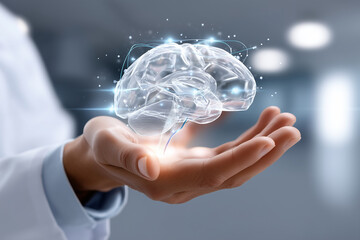 Scientific brain creative, palm of hand holding, medical innovation concept, neural structure display, healthcare technology visual, cognitive research imagery, intellectual proper