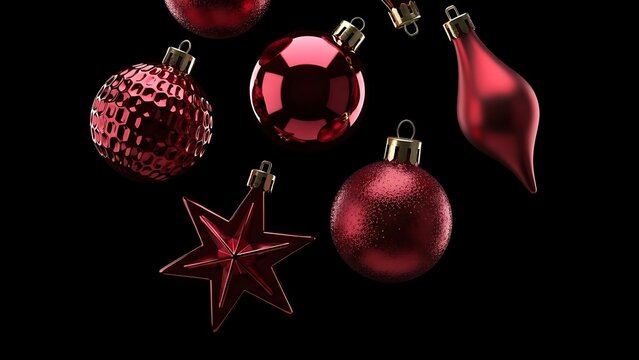 A collection of red christmas ornaments floating against a black background - Powered by Adobe